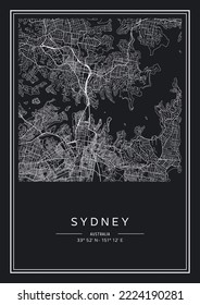 Schwarz-Weiß-bedruckbare Stadtplan von Sydney, Plakatdesign, Vektorgrafik.