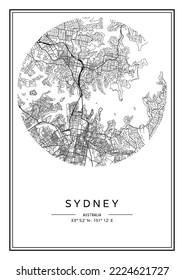 Black and white printable Sydney city map, poster design, vector illistration.