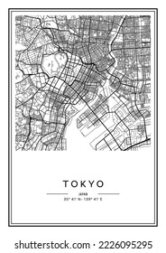 Black and white printable Tokyo city map, poster design, vector illistration.