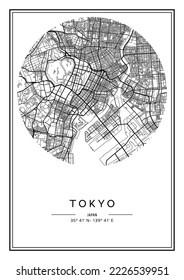 Black and white printable Tokyo city map, poster design, vector illistration.