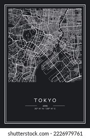 Black and white printable Tokyo city map, poster design, vector illistration.