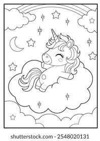 Black and white Printable Unicorn coloring pages for kids. Children's coloring books with cute unicorn cartoon character, fun and educational materials for kindergarten.
