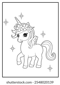 Black and white Printable Unicorn coloring pages for kids. Children's coloring books with cute unicorn cartoon character, fun and educational materials for kindergarten.
