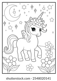 Black and white Printable Unicorn coloring pages for kids. Children's coloring books with cute unicorn cartoon character, fun and educational materials for kindergarten.
