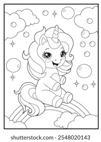 Black and white Printable Unicorn coloring pages for kids. Children's coloring books with cute unicorn cartoon character, fun and educational materials for kindergarten.
