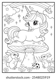 Black and white printable Unicorn coloring pages for kids. Children's coloring books with cute unicorn cartoon character, fun and educational materials for kindergarten.
