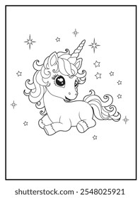 Black and white printable Unicorn coloring pages for kids. Children's coloring books with cute unicorn cartoon character, fun and educational materials for kindergarten.
