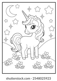 Black and white printable Unicorn coloring pages for kids. Children's coloring books with cute unicorn cartoon character, fun and educational materials for kindergarten.
