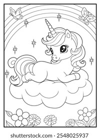 Black and white printable Unicorn coloring pages for kids. Children's coloring books with cute unicorn cartoon character, fun and educational materials for kindergarten.
