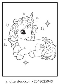 Black and white printable Unicorn coloring pages for kids. Children's coloring books with cute unicorn cartoon character, fun and educational materials for kindergarten.
