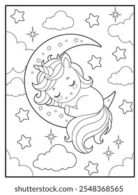 Black and white printable Unicorn coloring pages for kids. Children's coloring books with cute unicorn cartoon character, fun and educational activity sheet for kindergarten.
