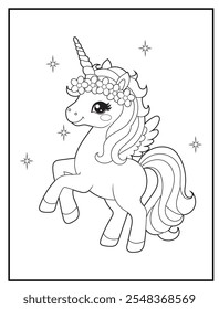 Black and white printable Unicorn coloring pages for kids. Children's coloring books with cute unicorn cartoon character, fun and educational activity sheet for kindergarten.
