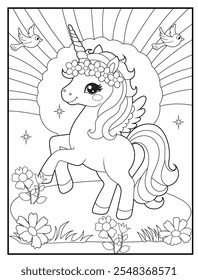 Black and white printable Unicorn coloring pages for kids. Children's coloring books with cute unicorn cartoon character, fun and educational activity sheet for kindergarten.
