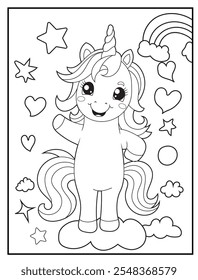 Black and white printable Unicorn coloring pages for kids. Children's coloring books with cute unicorn cartoon character, fun and educational activity sheet for kindergarten.
