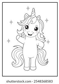Dibujos de Unicornio para colorear en blanco y negro para niños. Libros para colorear para niños con lindos personajes de dibujos animados de unicornio, hoja de actividades divertidas y educativas para el jardín de infantes.

