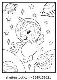 Black and white printable Unicorn coloring pages for kids. Space coloring books with cute unicorn cartoon character, fun and educational activity sheet for kindergarten.
