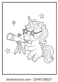 Black and white printable Unicorn coloring pages for kids. Space coloring books with cute unicorn cartoon character, fun and educational activity sheet for kindergarten.
