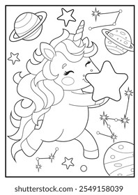 Black and white printable Unicorn coloring pages for kids. Space coloring books with cute unicorn cartoon character, fun and educational activity sheet for kindergarten.
