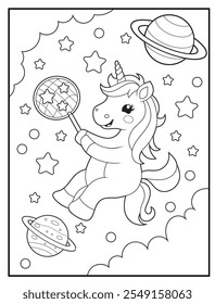 Black and white printable Unicorn coloring pages for kids. Space coloring books with cute unicorn cartoon character, fun and educational activity sheet for kindergarten.
