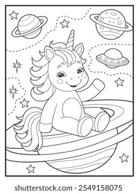 Black and white printable Unicorn coloring pages for kids. Space coloring books with cute unicorn cartoon character, fun and educational activity sheet for kindergarten.
