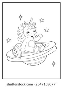 Black and white printable Unicorn coloring pages for kids. Space coloring books with cute unicorn cartoon character, fun and educational activity sheet for kindergarten.
