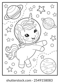 Black and white printable Unicorn coloring pages for kids. Space coloring books with cute unicorn cartoon character, fun and educational activity sheet for kindergarten.
