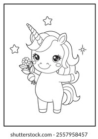 Black and white printable Unicorn coloring page for kids. Children's coloring books with cute unicorn cartoon character, fun and educational activity sheet for kindergarten.
