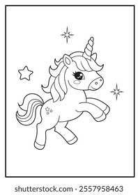 Black and white printable Unicorn coloring page for kids. Children's coloring books with cute unicorn cartoon character, fun and educational activity sheet for kindergarten.
