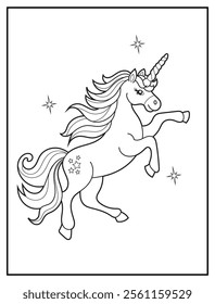 Black and white printable Unicorn coloring page for kids. Children's coloring books with cute unicorn cartoon character, fun and educational materials for kindergarten.
