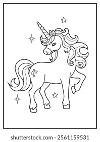 Black and white printable Unicorn coloring page for kids. Children's coloring books with cute unicorn cartoon character, fun and educational materials for kindergarten.
