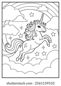 Black and white printable Unicorn coloring page for kids. Children's coloring books with cute unicorn cartoon character, fun and educational materials for kindergarten.
