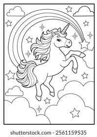 Black and white printable Unicorn coloring page for kids. Children's coloring books with cute unicorn cartoon character, fun and educational materials for kindergarten.
