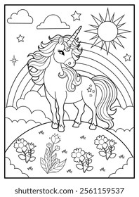 Black and white printable Unicorn coloring page for kids. Children's coloring books with cute unicorn cartoon character, fun and educational materials for kindergarten.
