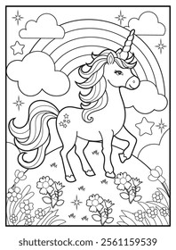 Black and white printable Unicorn coloring page for kids. Children's coloring books with cute unicorn cartoon character, fun and educational materials for kindergarten.
