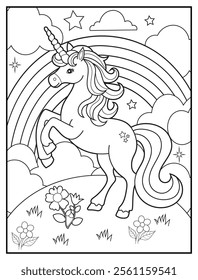 Black and white printable Unicorn coloring page for kids. Children's coloring books with cute unicorn cartoon character, fun and educational materials for kindergarten.
