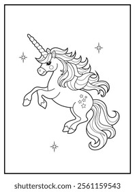 Black and white printable Unicorn coloring page for kids. Children's coloring books with cute unicorn cartoon character, fun and educational materials for kindergarten.
