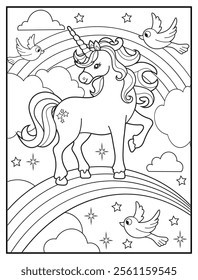 Black and white printable Unicorn coloring page for kids. Children's coloring books with cute unicorn cartoon character, fun and educational materials for kindergarten.
