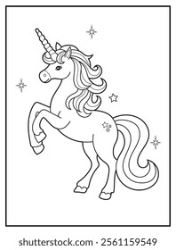 Black and white printable Unicorn coloring page for kids. Children's coloring books with cute unicorn cartoon character, fun and educational materials for kindergarten.
