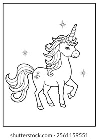 Black and white printable Unicorn coloring page for kids. Children's coloring books with cute unicorn cartoon character, fun and educational materials for kindergarten.
