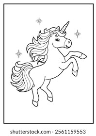 Black and white printable Unicorn coloring page for kids. Children's coloring books with cute unicorn cartoon character, fun and educational materials for kindergarten.
