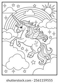 Black and white printable Unicorn coloring page for kids. Children's coloring books with cute unicorn cartoon character, fun and educational materials for kindergarten.
