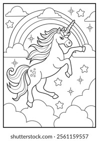 Black and white printable Unicorn coloring page for kids. Children's coloring books with cute unicorn cartoon character, fun and educational materials for kindergarten.
