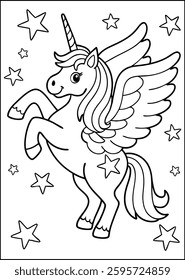 Black and white printable Unicorn coloring pages for kids. Children's coloring books with cute unicorn cartoon character, fun and educational materials for kindergarten.