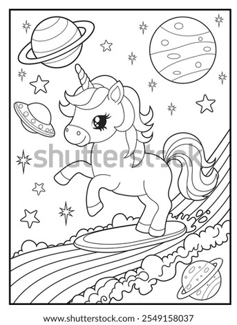 Black and white printable Unicorn coloring pages for kids. Space coloring books with cute unicorn cartoon character, fun and educational activity sheet for kindergarten.
