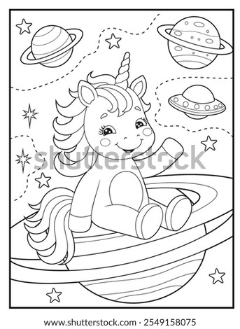 Black and white printable Unicorn coloring pages for kids. Space coloring books with cute unicorn cartoon character, fun and educational activity sheet for kindergarten.
