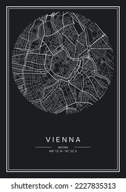 Black and white printable Vienna city map, poster design, vector illistration.