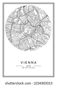 Black and white printable Vienna city map, poster design, vector illistration.