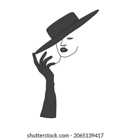 Schwarz-Weiß-Printable Mauerkunst. 
Fasion Modern Line Art.One Linie Vektorgrafik. Minimalistische Profilfrau in einem schwarzen Hut. Inspirierter Druck, Schwarz-Weiß-Druck, glamouröser Druck, moderner Druck.