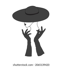 Black and White Printable Wall Art. 
Fasion Modern Line Art.One line vector drawing. Minimalist profile woman in a black hat. Inspired print, black and white print, glamour print, modern print.