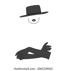 Black and White Printable Wall Art. 
Fasion Modern Line Art.One line vector drawing. Minimalist profile woman in a black hat. Inspired print, black and white print, glamour print, modern print.